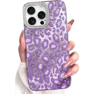 KANGHAR Case for iPhone 16 Pro Max Leopard Printed Pattern Cute Cheetah Phone Case Clear Bumper Hard Back Shockproof Protective Diamond Glittter Camera Lens Cover for iPhone 16 Pro Max Purple