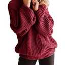 Womens Chunky Turtleneck Sweaters Plus Size Long Sleeve Cable Knit Casual Loose Jumper Tops Burgundy, XXL