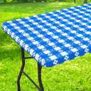 Rectangle Vinyl Table Cloth, Waterproof Elastic Fitted Tablecloth with Flannel Backing, Plastic Table Cover for Picnic, Camping, Outdoor (Blue & White, 30"x72")