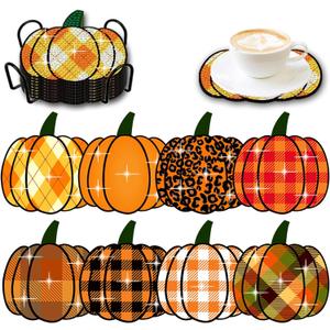 SWEKKE Pumpkin Diamond Paintings Kits with Holder,8Pcs DIY Fall Autumn Leopard Print Plaid Diamond Art Kits,Full Coasters Diamond Painting Kits Beginners Art Craft Supplies for Adults (Style2)