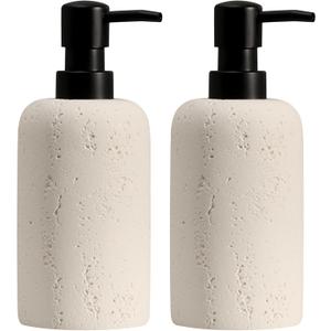 Soap Dispensers 340mL 11 OZ, 2 PCS Luxurious Hand Dish Lotion Shampoo Soap Dispenser Jar, Travertine Soap Bottles Rustproof Pump for Kitchen Bathroom Countertop (Cream)