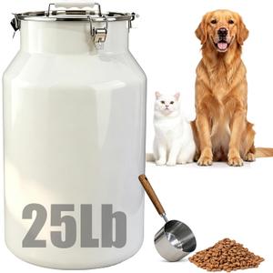 25 Lbs Stainless Steel Dog Food Storage Container with Scoop, Large Metal Dog Food Bin with Airtight Lid & Locking Clamp, Pet Treat Jars for Dogs & Cats, Keep Fresh, White