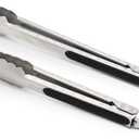 304 Stainless Steel Kitchen Cooking Tongs, 9" and 12" Set of 2 Sturdy Grilling Barbeque Brushed Locking Food Tongs with Ergonomic Grip, Black