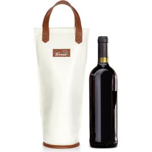 Tirrinia Single Wine Carrier Tote, Insulated Wine Cooler Bag for Travel, Picnic, & Wine Gifts  Thermal Padded Wine Bottle Holder Tote for Men & Women, Wine Gift for Wine Lovers,White Brown