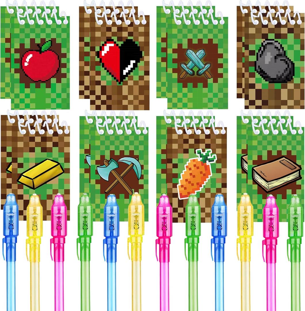 24 Pcs Pixel Theme party favors |12 invisible ink pen and 12 mini Notepads| Pixel Theme party Goodie Bag Stuffers, Classroom Prizes, party supplies