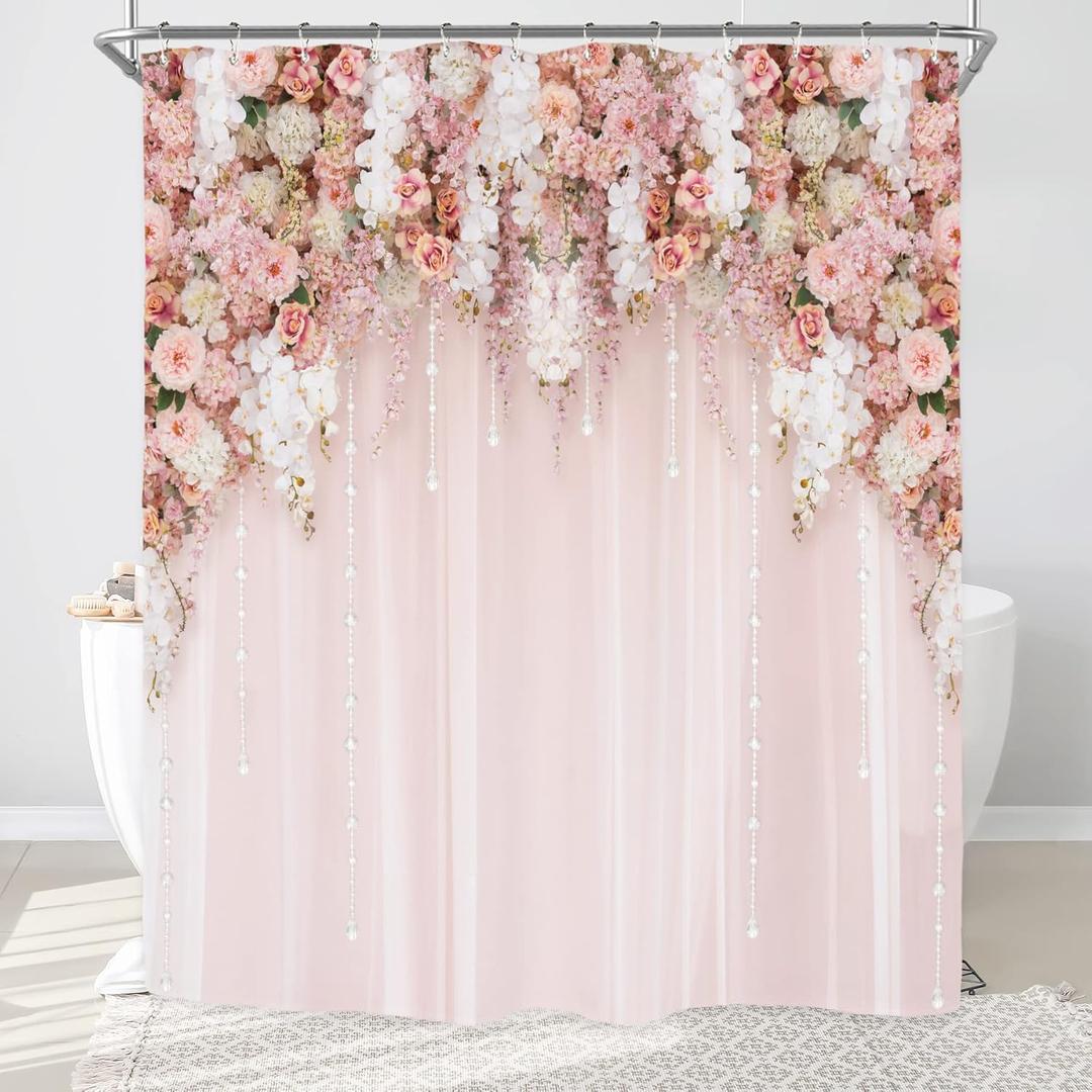 Riyidecor Extra Long 72Wx84H Shower Curtain for Bathroom Decor Bridal Floral Elegant Wedding Flower Pink Rose Blossom Women Girl Spring Art Printed Fabric Polyester Waterproof 12 Pack Plastic Hooks (01blush)