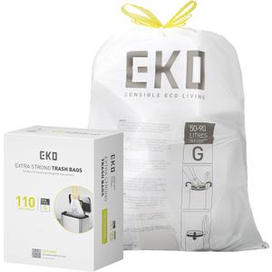 EKO 21 Gallon / 50-90 Liter,110 CountDrawstring Trash Bags, Extra-Strong Unscented Garbage Bags, Easy-Dispense Roll for Kitchen & Household Use, Resists Tears, Leaks and Punctures, Code G, White
