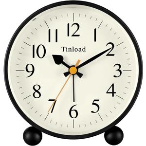 Tinload 4.5" Vintage Retro Analog Alarm Clock, Super Silent Non Ticking Small Clock with Manual Light, Snooze, Battery Operated, for Living Room, Bedroom, Bedside, Desk(Black)