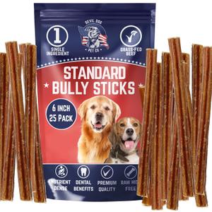 Devil Dog Pet Co. Bully Sticks  6 Inch, 25 Pack, Standard Sized Dog Chews, 100% Natural, Single Ingredient, Free-Range Grass-Fed Beef  Long Lasting, Rawhide-Free Treats for Dogs