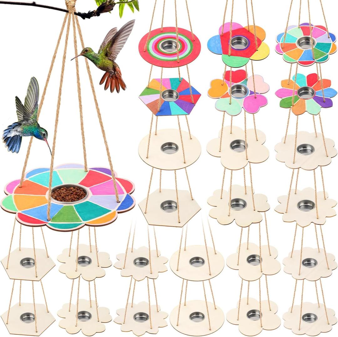 DoubleFill 24 Pcs Bird Feeder Craft Kits for Kids Ages 3-8 Make Your Own Bird Feeders Kids Arts and Crafts DIY Wooden Art Painting Flock Feeders for Outside DIY Vbs Crafts