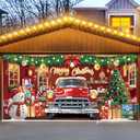 Christmas Garage Door Cover Decoration – 16x7ft Large Red Truck & Snowman Backdrop, Merry Christmas Garage Door Banner, Outdoor Holiday Decoration for Garage, Porch, Yard
