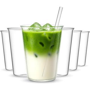 Set of 6 11.8 oz Clear Drinking Glass with Straws 340 ml Iced Tea Beer Cups Heat Resistant Kitchen Glassware for Juice, Beverage, Cocktail, Coffee, Soda