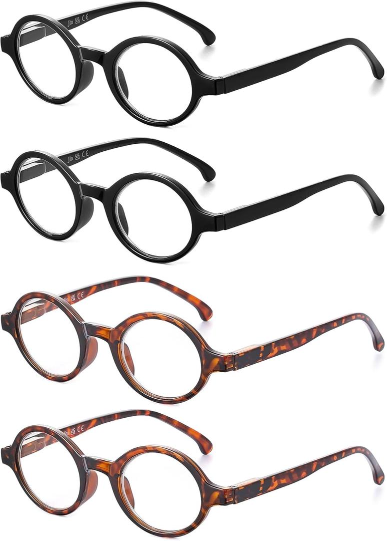 JM Set of 4 Retro Round Reading Glasses Spring Hinge Readers Men Women Glasses for Reading 4 Pack Mix (2 Black & 2 Tortoise)