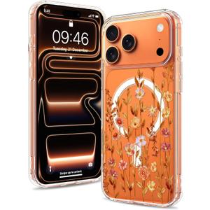 Magnetic for iPhone 17 Pro Max Case [Compatible with MagSafe] Cute Orange Floral Flower Pattern Design, Clear Slim Shockproof Protective Phone Cover for Women Girls