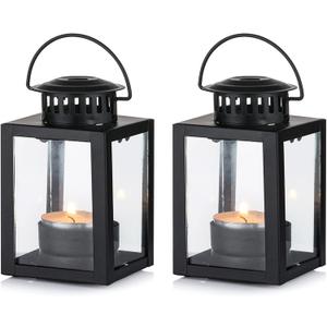 Nuptio Garden Lanterns for Candles 2 Pcs Vintage Style Hanging Small Lantern for Tealight Candle, Black Tea Light Holders for Indoor Outdoor Events Birthday Party Wedding