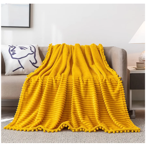 Fleece Blanket Throw Size – 51x63 In, Yellow Soft, Plush, Fluffy, Fuzzy, Warm, Cozy Perfect for Couch, Bed, Sofa - with Pompom Fringe Flannel