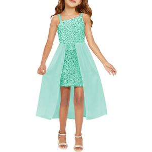 Haloumoning Girls Sequin Dress Kids Formal Sparkly One Shoulder Prom Party Dresses 4-14 Years (10-12 Years, Light Green)