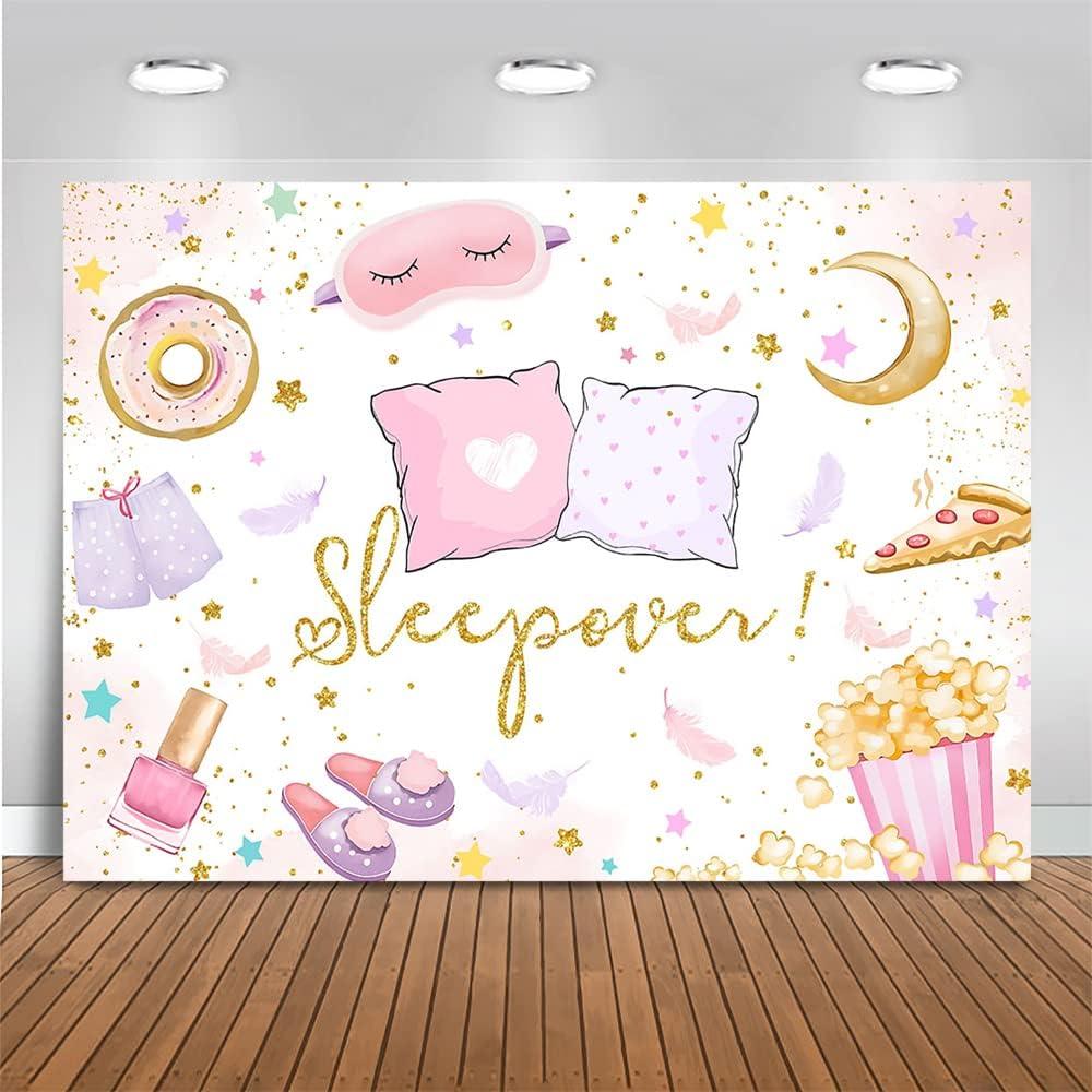 Mocsicka Slumber Party Backdrop for Girls Sleepover Party Decoration Pajama Pillow Fight Photography Background Spa Makeup Birthday Banner Supplies (White, 7x5ft(82x60 inch))