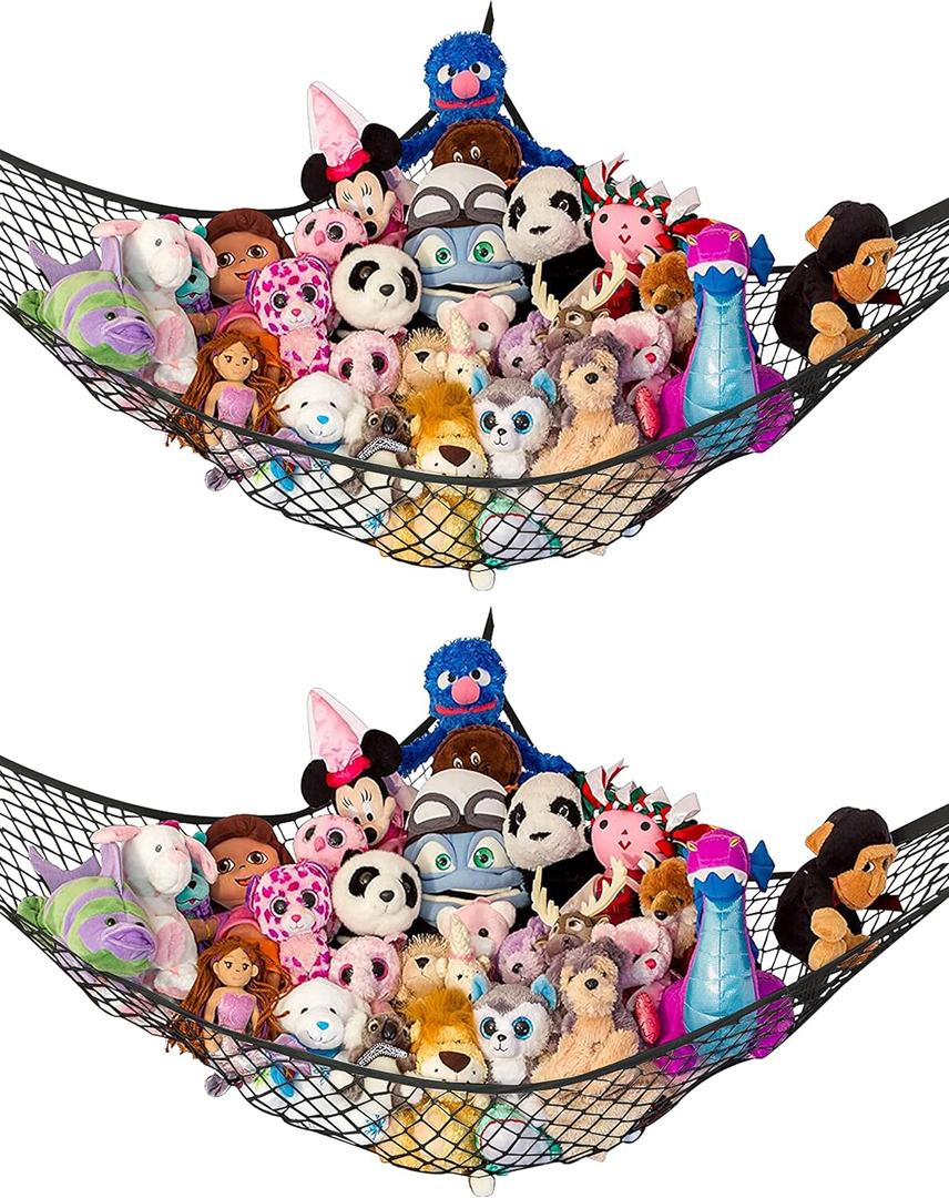 Lilly's Love Stuffed Animal Hammock | Corner Hanging Organizer, Toy Storage, Stuffed Animal Storage Net | Made from Quality Fishing Net, Holds 12lbs | 67"x47"x47" (Black, 2 Pack)