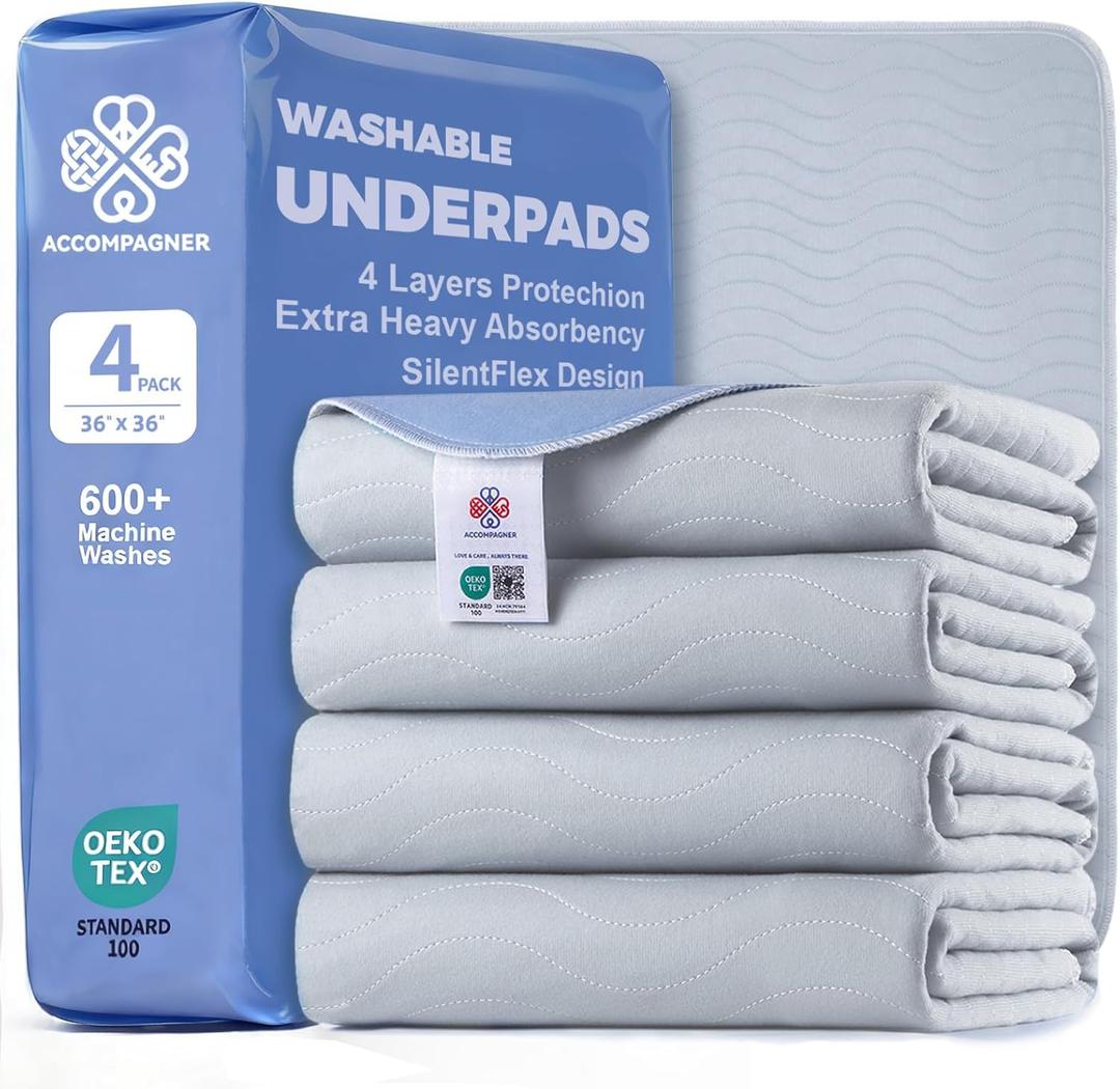 Accompagner Incontinence Bed Pads Washable Waterproof, Ultra-Absorbent Reusable Underpads for Diaper Changing, Nursing, Bedridden, Adults, Seniors, Kids and Dogs (Pearl Gray, 36"x36"(Pack of 4))