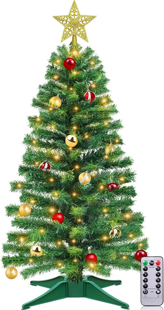 TURNMEON Remote Control 8 Modes 3 Ft Christmas Tree with Lights Timer 15 DIY Ball Ornament 50 Warm Light Battery Operated Artificial Pencil Small Tinsel Xmas Tree Holiday Decorations Home Indoor Table (Green)