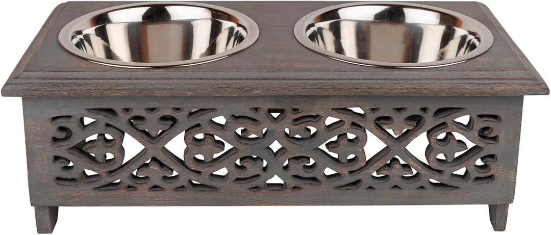GoCraft Raised Dog Bowls for Small Dogs | Elegant Farmhouse Grey Washed Elevated Wooden Stand Feeder with 2 Stainless Steel Bowls for Your Pet Food & Water
