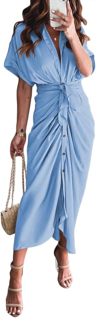 Women Elegant Satin Button Down Short Sleeve Maxi Shirt Dress with Belt (Small, 01-light Blue)