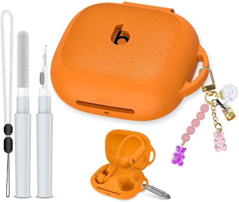 [5in1 Set] Silicone Case for Powerbeats Pro 2 (2025), Shockproof Protective Cover Compatible with Beats Powerbeats Pro 2 Women Powerbeats Pro 2 Case Cover with Fashion Keychain & Cleaner Kit (Orange)
