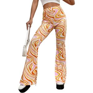 WDIRARA Women's Marble Printed Flare Pants High Waisted Elastic Waist Casual 70s Disco Long Pants (XL)