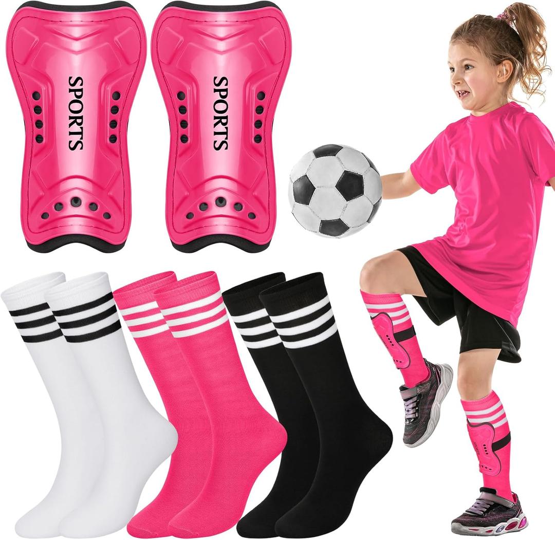 Liliful 4 Pcs Soccer Shin Guards Set for Girl Kids Youth Include 1 Shin Guards & 3 Sport Socks Protective Lightweight Gear Leg Pads Gear for 3-15 Girls Boy Children Teens (Small, Rose Red)