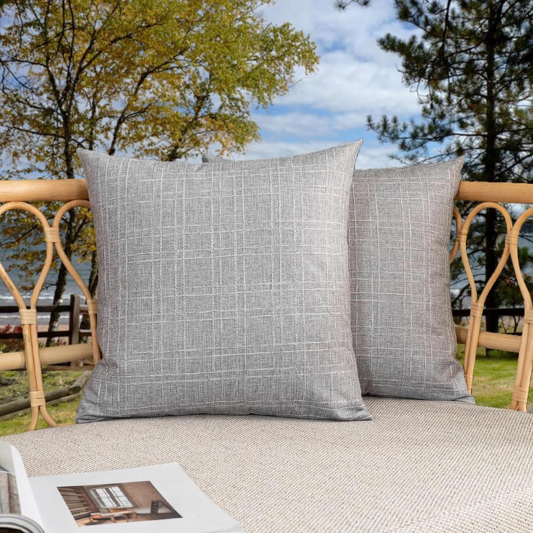 Kevin Textile Pack of 2 Outdoor Waterproof Throw Pillow Covers Decorative Farmhouse Checkered Square Solid Cushion Cases for Patio Garden Porch Sofa Grey 18x18 inch (Gray)