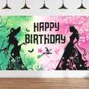 Pink and Green Birthday Backdrop Party Decorations Witch Birthday Party Decorations Witch Themed Happy Birthday Banner Photo Backdrops for Princess Girls Boys Women Party Supplies Decor, 71.5” x 43.7”