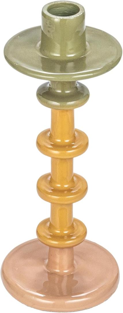 Bloomingville Enameled Decorative Metal Taper Candle Holder, Green, Tan and Pink