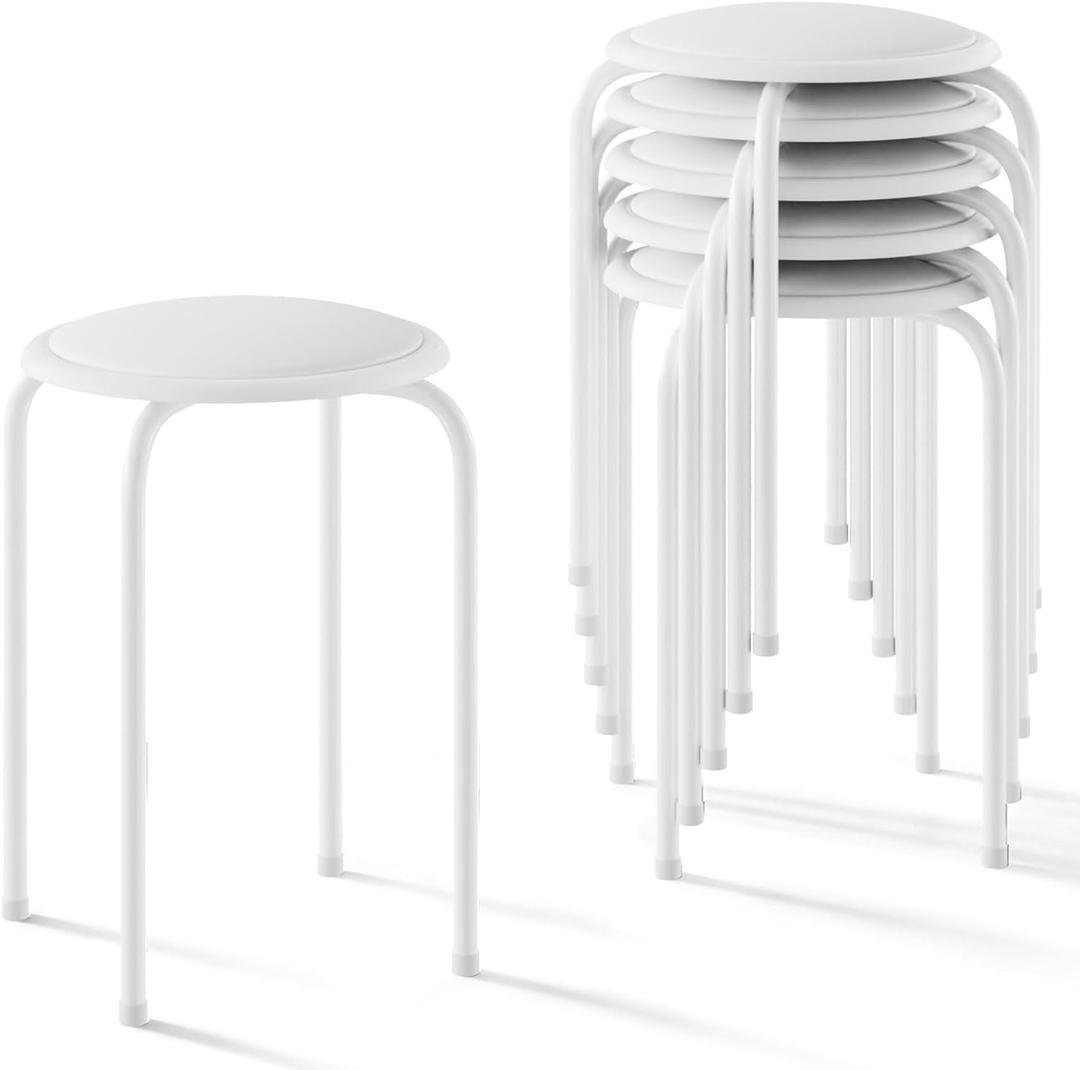 VECELO 6-Piece Stacking Stools, 17 Inch Standard Height, Padded Seat & Steel Legs, Portable Stackable Decoration Stools for School Classroom and Office Use, White