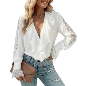 CHICME Women’s V Neck Button Down Shirt Long Sleeve Chic Blouse Top with Lace Patchwork Ruffle Detail M