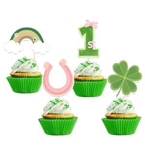 24Pcs St Patrick's Day 1st Birthday CupcakeToppers Baby Shower for St Patrick's Day Party Decorations, Four Leaf CloverOne Cupcake Toppers for First Birthday Party Decorations (1st pink)