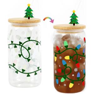 Christmas Gifts, 18oz Color Changing Christmas Lights Iced Coffee Can Glass, X-mas Glass Cup with Lid and Straw, Holiday Tumbler