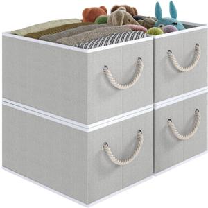 Fabric Storage Bins 4-Pack, Collapsible Storage Baskets for Organizing Toys, Books, Shelves, Closet, Linen Storage Boxes, Decorative Storage Baskets with Rope Handles, Grey