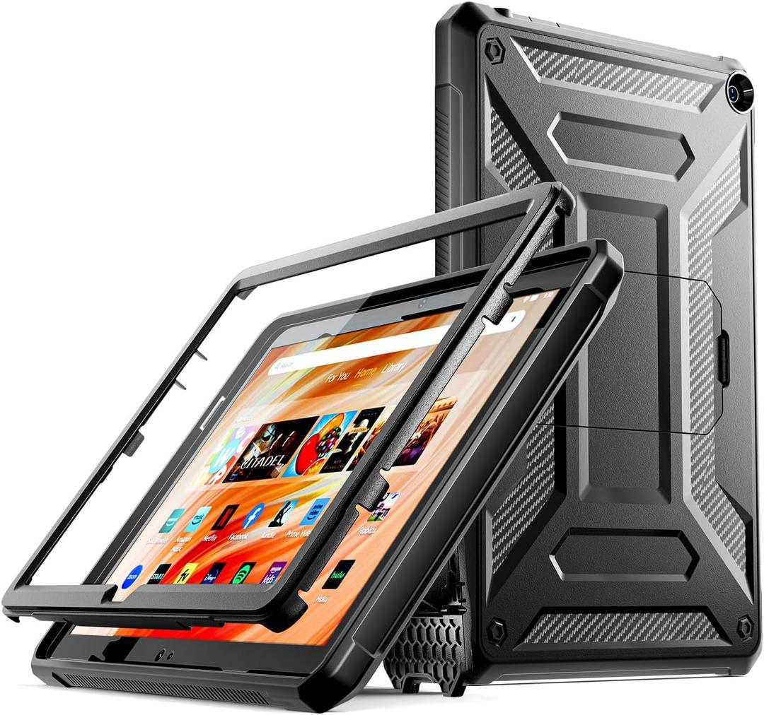 HD 10 & Fire HD 10 Kids Pro Tablet Case (Only 13th Gen, 2023 Release), DJ&RPPQ Full Body Rugged Hands-Free Viewing Stand Back Cover with Screen Protector, Also for 10in Sony Nokia - Black