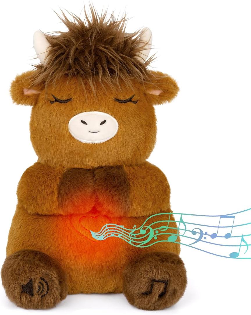 Breathing Stuffed Animal, Highland Cow Plush Soothing Baby Toy, Soothing Sound Machine Plushies with Calming Music, Lights, Breathing Motion Doll for Kids Boys Girls