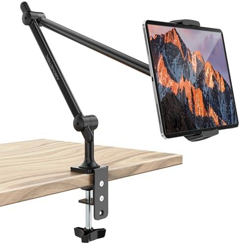 AboveTEK Tablet Stand Holder, Aluminum iPad Holder for Desk & Bed, Adjustable Arm Clamp Mount with 360° Rotation, Overhead Compatible with 4.7"-13.5" iPad Pro/Air/Mini, iPhone, Galaxy Tab- Black