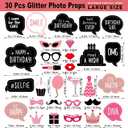 Birthday Photo Booth Props Kit - Happy Birthday Party Favors Supplies Bday Party Decoration Set with Real Glitter Cute Bday Designs for Women - Easy to Assemble 30 Pieces (Rose Gold)