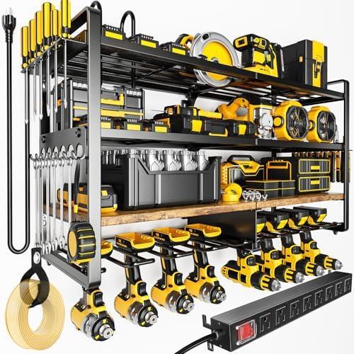 POKIPO Large Power Tool Organizer Wall Mount with 8-Outlet Charging Station, 600lbs Capacity Garage Storage Rack for 8 Cordless Drills Holder, Heavy Duty Metal 4-Layer Battery Utility Rack