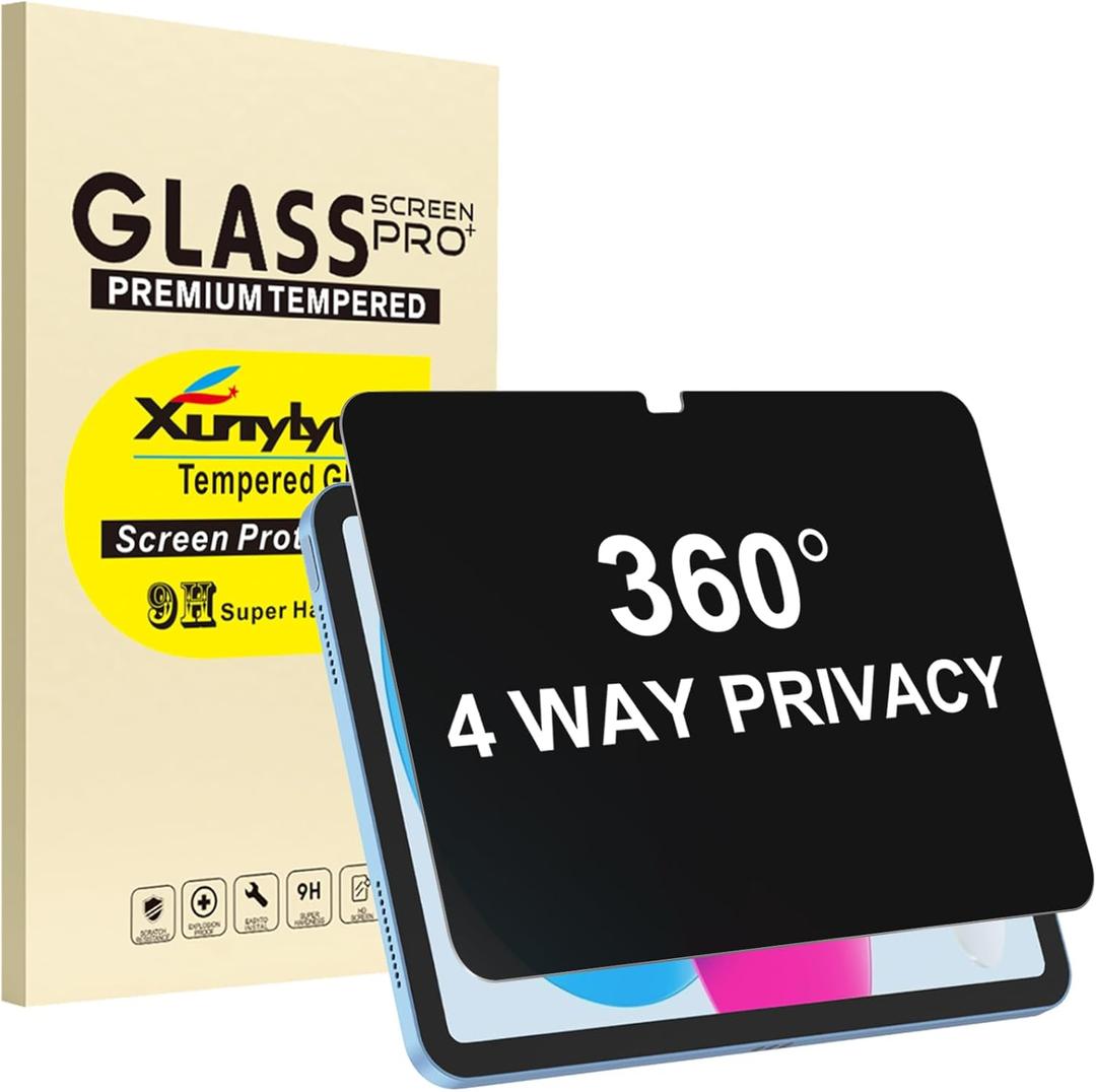 360 4 Way Privacy Screen Protector for iPad A16 11th/ 10th Generation (11/10.9 Inch 2025/2022), 360 Degree Anti-Spy Tempered Glass Film, Case Friendly, Apple Pencil Support