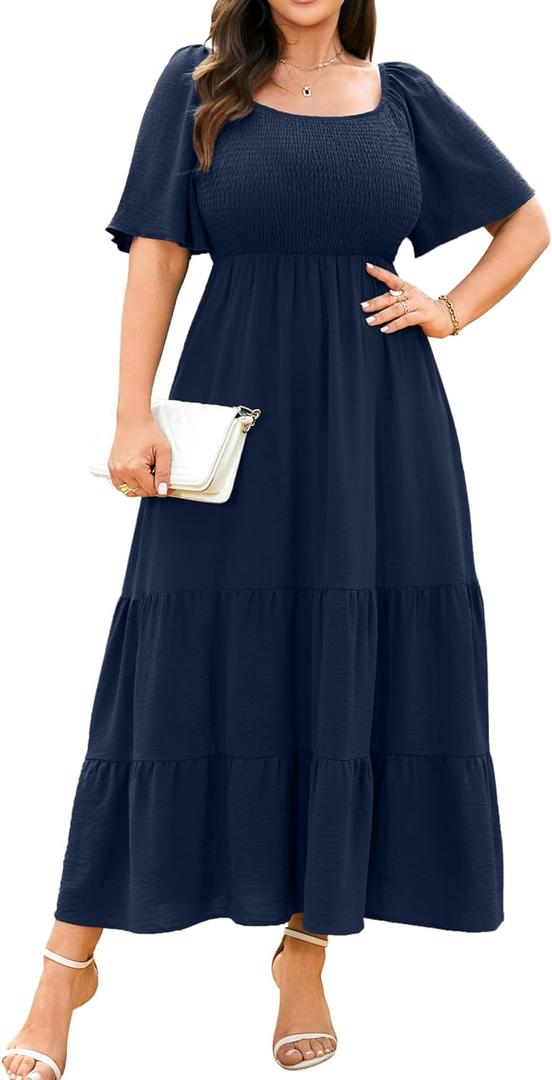 RWJ Women's 2026 Plus Size Summer Dress Short Sleeve Smocked Boho Wedding Guest Beach Vacation Floral Maxi Dresses (Blue, XXXL)