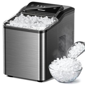 Nugget Ice Maker Countertop, Fast 35lbs/24H Sonic Pebble Ice Machine, Self-Cleaning Anti-Scale System, Stainless Steel Portable Ice Maker for Home, Kitchen, RV, 10 Cleaning Packets (Black)