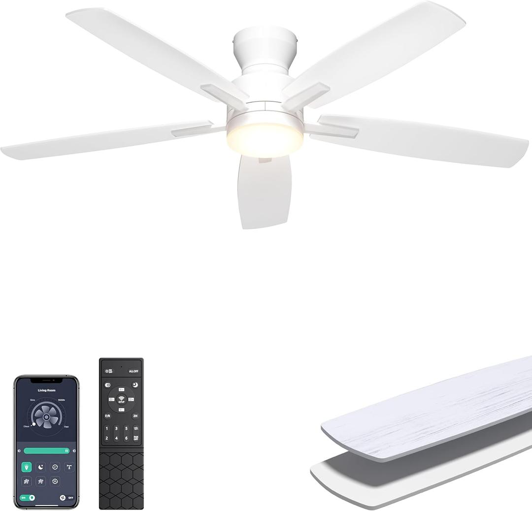 Ohniyou Ceiling Fans with Lights, 52'' Low Profile Ceiling Fan with Light and Remote/APP Control, Modern Flush Mount Ceiling Fan for Indoor Bedroom Living Room, Dimmable, Qiuet DC Motor, White
