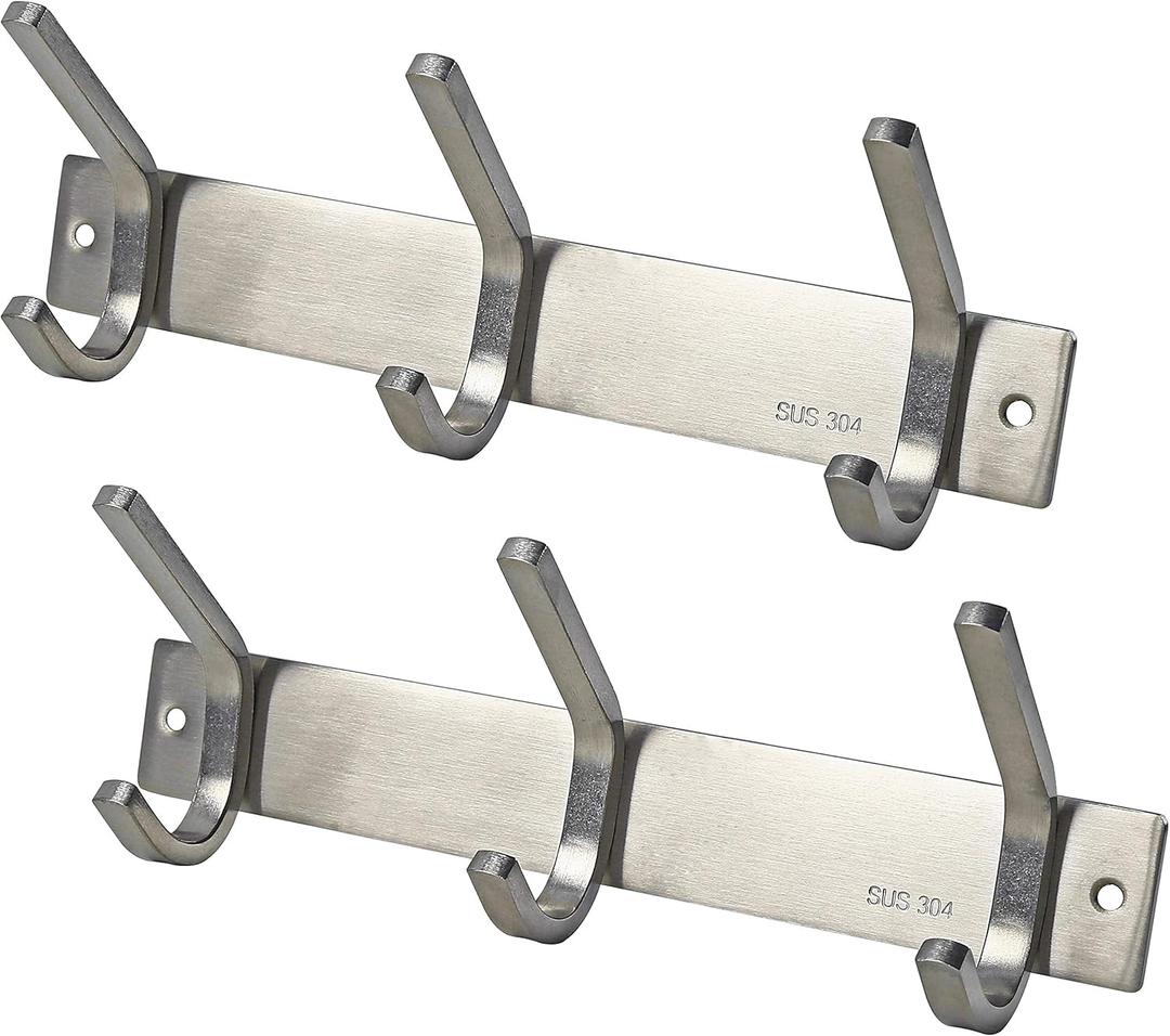 WEBI Heavy Duty SUS 304 Coat Bath Towel Hanger Rail Bar, 3 Hooks, for Bedroom, Bathroom, Foyers, Hallways, Entryway, Great Home, Office Storage & Organization, Brushed Finish, 2 Pack