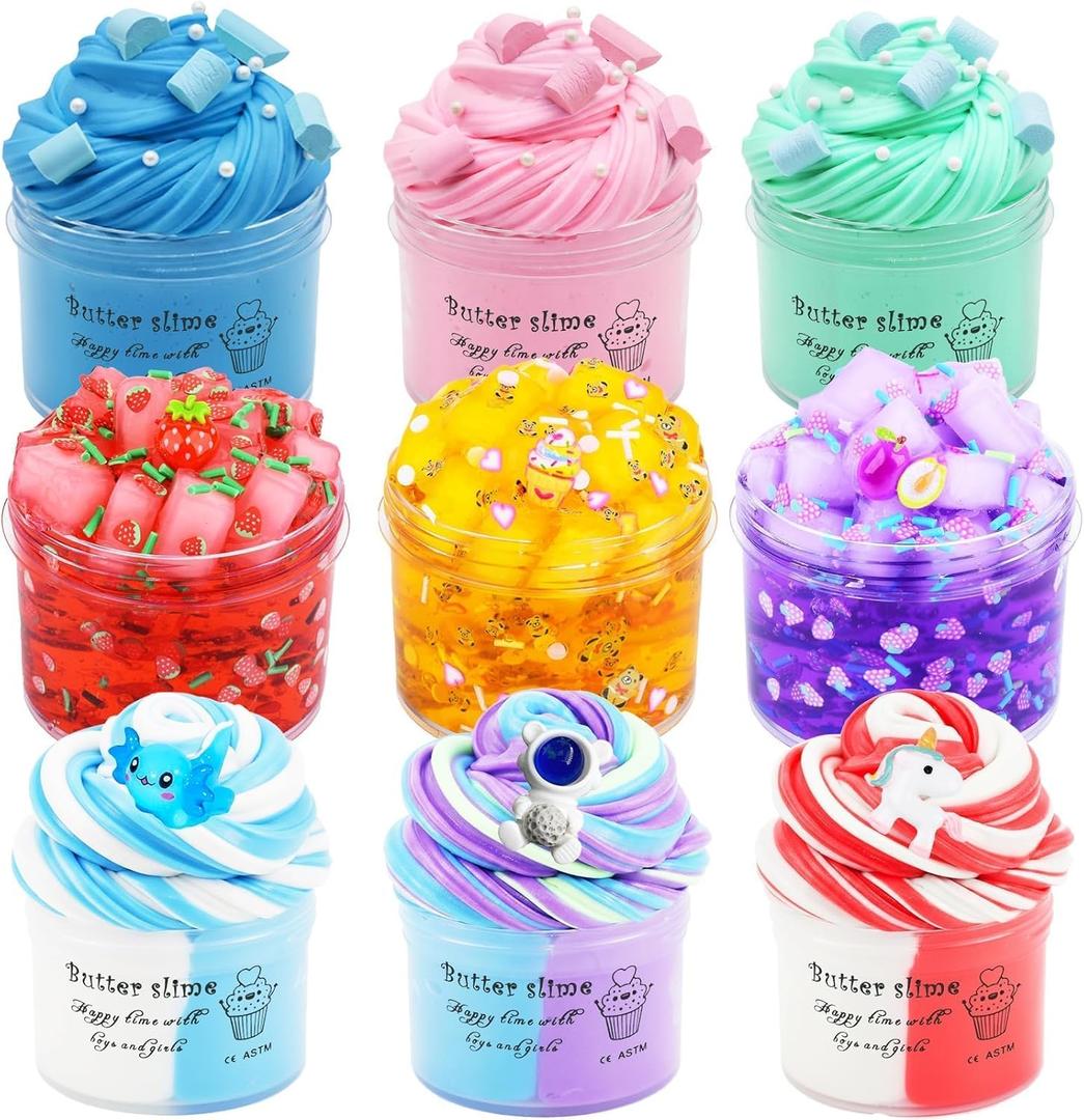 9 Pack Slime Kit - 6 Butter & 3 Jelly Cube Crunchy Slime with Astronaut Add-ins, Soft & Non Stick, Party Favors for Girls & Boys, Birthday Favors, Stress Relief Toys for Girls and Boys