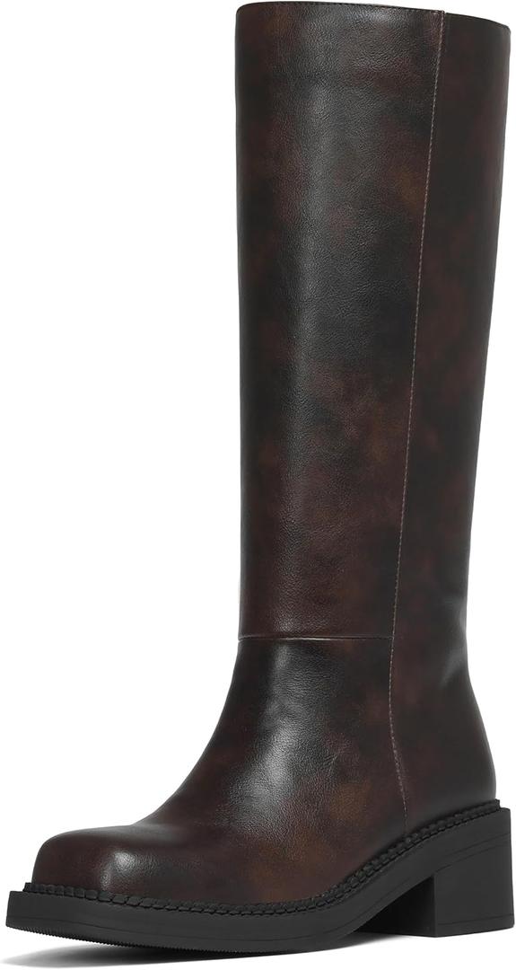 AMINUGAL Womens Knee High Boots Square Toe Chunky Block Low Heel Tall Boots for Women Extra Wide Calf Biker Motorcycle Riding Clubbing Corporate Rave Festival ComfyTrendy Y2k Vintage (8, Brown)